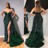 Wholesale 2021 Green Mermaid Evening Dresses Strapless Beads Sequins Feather Tulle Prom Dress Floor Length Special Occasion Dresses robes de soiree