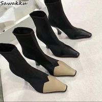 Wholesale Boots Designer Women Ankle Stretch Fabric High Heels Zapatos Mujer T Stage Runway Shoes Square Toe Leather