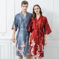 Wholesale Women s Sleepwear Couples Nightcloth Women Print Nightgown Short Sleeve Men s Bathrobe Satin Kimono Pajama Men Sexy Robe Home Service