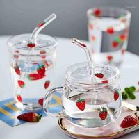 Wholesale Mugs Kawaii Strawberry Glass Mug With Straw Creative High Temperature Resistance Clear Water Cup Household Milk Juice Cups1