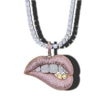 Wholesale Tone Color Micro Pave Pink Cubic Zirconia Drip Lip Pendant Necklace Iced Out Bling mm CZ Tennis Chain For Women Hiphop Jewelry1