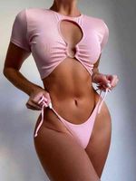 Wholesale Ribbed Tankini Pink Swimsuit Ring Swimwear Women High Waisted Swimsuit Short Sleeve Brazilian Bikini Tie Side Beach Wear