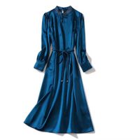 Wholesale European and American women s wear winter new style Long sleeved stand collar in solid color lace up Fashion blue dress