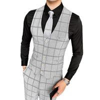 Wholesale Men s Vests Brand Striped Plaid Vest Mens Single Breasted V Neck Sleeveless Men Business Wedding Waistcoat Gray Black