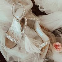 Wholesale 2021 T Strap Designer Feather Wedding Shoes Pumps High Heel Crystals Rhinestone Bridal Shoes Cocktail Party Sandals Shoes Wedding Accessorie