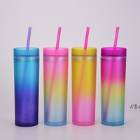 Wholesale 16oz Straight Skinny Acrylic Tumbler with Lid Straw Gradient Colors Plastic Cup ml Double Wall Acrylic water bottle BY SEA RRB13584