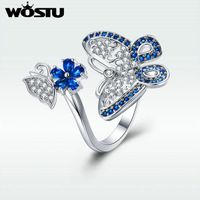 Wholesale Band Rings WOSTU Blue Zircon Dancing Butterfly For Women Adjustable Style Big Flower Ring Wedding Engagement Fashion Jewelry SDTR200