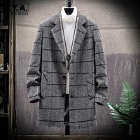 Wholesale Men s Trench Coats Mens Korean Fashion Striped Coat Autumn Winter Medium Long Warm Thick Overcoats Street Single Breasted Wool Blend Jacket