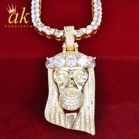 Wholesale White Zircon Jesus Head Necklace Gold Color Material Copper Cubic Zircons Bling Charms Wome s Hip Hop Rock Street Jewelry