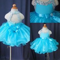 Wholesale Glitz Cupcake Pageant Dresses for Little Girls Baby Beaded Organza Cute Kids Short Prom Gowns Infant Light Blue Crystal Birthday Party Skirt