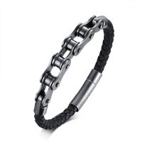 Wholesale Charm Bracelets Creative Men s Bracelet Black Steel Bike Chain With Leather Woven For Men Sport Wind Jewelry Show Personality1