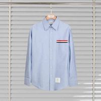 Wholesale Tb Oxford Shirt Men s Long Sleeve Fashion Slim Fitting Shirt Pocket Red Contrast White Blue Ribbon Classic