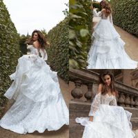 Wholesale Elegant A line Wedding Dresses Full Floral Appliqued Lace Beach Jewel Long Sleeve Bridal Gowns Tiered Tulle Sweep Train Robes De Mariée