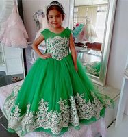 Wholesale Jewel Neck Flower Girls Dresses for Wedding Party Lace Applique Sweep Train Tulle Princess Toddler Pageant Graduation Birthday Vestidos