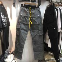 Wholesale High Quality Multi Pockets RHUDE Pants Men Women Yellow Drawstring RHUDE Cargo Pants Overalls Snap Buckle Trousers Mens Fashion