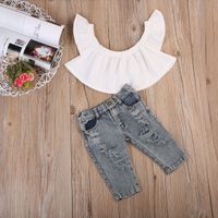 Wholesale Fashion Casual Newborn Toddler Baby Girls Short Sleeve Off Shoulder Pullover White Shirt Tops Denim Pants Outfit Summer