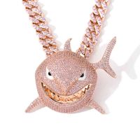 Wholesale 2021 Hot Selling Pink VVS Diamond Bling Cuban Link Chain With Shark Pendant Necklace