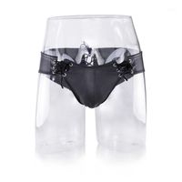 Wholesale Underpants Sexy Faux Leather Metallic Shiny Boy Shorts Lace Up Brief For Male Kinky Bikini Underwear Under Pants Fetish Lingerie1
