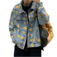Wholesale Men Autumn Korean Flower Denim Jacket Fashion Casual Retro Male Streetwear Wild Loose Hip Hop Bomber