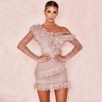 Wholesale Party Dresses Short Mini Cocktail For Women Asymmetrical Neckline Illusion Long Sleeves Ruffled Dress1