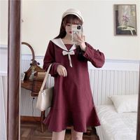 Wholesale Casual Dresses Fall Women Sweet Navy Collar Bow Middle Length Dress Japanese Vintage College Style Harajuku Lovely Loose Straight Doll