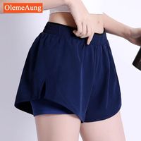 Wholesale Running Shorts Sports Women s Contrast Color High Waist Double Layer Back Zipper Pockets Athletic Short Panty1