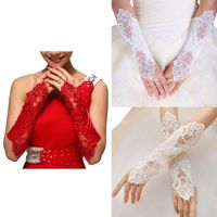 Wholesale 1 Pair Women Bridal Long Gloves Opera Fingerless Embroidery Lace Glitter Sequins Solid Color Elbow Length Mittens Hook Finger