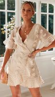Wholesale Women Hollow Out Lace Crochet Dress White Beige New Spring Sexy Long V Neck Flare sleeve Short Sleeve Evening Dresses Lady Party Dress