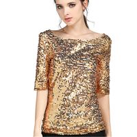 Wholesale Women s Blouses Shirts Women Summer Fashion Sexy Sequined Embroidered Half Sleeve Lady Tops Loose Casual Shirt Gold Blusas Plus Size XL