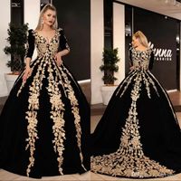 Wholesale Long Evening Dresses Gorgeous Ball Gown Long Sleeve V neck Arabic Gold Lace Velvet Black Women Formal Evening Gowns CG001