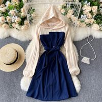 Wholesale Casual Dresses SINGREINY Design Hooded Dress Women Splice Knitted Puff Sleeve Lace Up A line Autumn Winter Korean Fashion Short