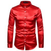 Wholesale Men s Casual Shirts Red Silk Satin Dress Shirt Men Spring Autumn Long Sleeve Mens Wedding Button Down Business