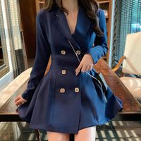 Wholesale Casual Dresses Women Double Breasted Notched Lapel Collar Blazer Dress Suits Solid Chic Elegant Plelated A Line Mini Spring Fall