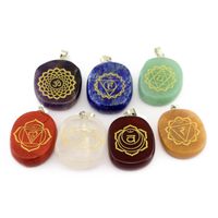 Wholesale Natural Gemstone Color Chakras Reiki Pendant Engraved Indian Yoga Chakra Sanskrit Pattern Energy Stone Oval Necklace Healing Crystal Religious Jewelry