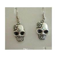 Wholesale pair Fashions Silver Flower Sugar Skull Bead Dangle Earrings For Women With Gift sqcVEE dh_seller2010