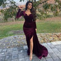 Wholesale Stylish Wine Mermaid Velvet Prom Dresses Long Sleeve Tight Slim African Evening Gowns Arabic Formal Celebrity Party Dress