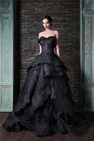 Wholesale 2021 Black Gothic Country Style Wedding Dress Strapless A Line Lace Appliqued Bridal Gowns Sweep Train Tulle Tiered Vintage Wedding Dresses