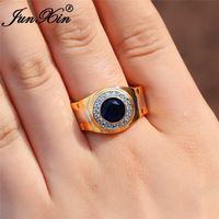 Wholesale Mens Round Blue Stone Wedding Rings For Men Women Yellow Gold Color Promise Engagement Ring Male Boho Zircon Jewelry CZ