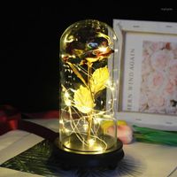 Wholesale Decorative Flowers Wreaths Gold Foil Artificial Flower Rose With LED Light String In Clear Glass Dome For Valentine s Day Gift Holida