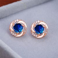 Wholesale Stud MM Round Blue Crystal Zircon Spiral Earrings For Women Vintage Fashion Rose Gold Rainbow Stone Engagement Jewelry