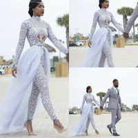 Wholesale 2021 Wedding Dress Gorgeous Jumpsuits With Detachable Train High Neck Beads Crystal Long Sleeves Modest Dresses African Bridal Gowns