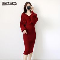 Wholesale Women s Tracksuits Autumn Piece Set Sweater Women Midi Skirt V Neck Pullover Sets Woman Winter Two Knitted Outfits