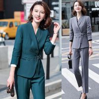 Wholesale Women s Two Piece Pants Ladies Pant Suits For Women Work Blazer And Jackets Sets Business Office Uniform Style Green Grey