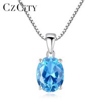 Wholesale CZCITY Sky Blue Topaz Stone Pendant Oval Shape Solitaire Natural Sterling Silver Chain Necklace for Women