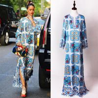 Wholesale Casual Dresses S XL High Quality Fashion Runway Blue And White Printing Hand Beaded V Neck Long Sleeved Loose Hem Slit Dress Women1