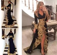 Wholesale Black V Neck Long Sleeves Evening Dresses New Arrival Golden Appliques Holiday Wear Formal Party Prom Gowns Plus Size