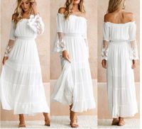 Wholesale 2020 Summer Sundress Women White Beach Dress Strapless Long Sleeve Loose Sexy Off Shoulder Lace Boho Chiffon Maxi Dress