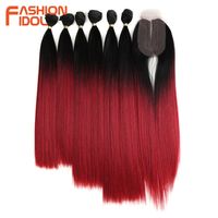 Wholesale FASHION IDOL Straight Hair Bundles With Closure Synthetic Yaki Hair Weft inch Pack g Ombre Red Hair Weaving Bundles Q1128