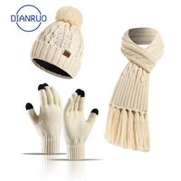 Wholesale Scarves DIANRUO Classic Winter Girl Hat Ring Scarf Gloves Set Knitted Thick Warm Cap Women Solid Retro Soft Touch R610