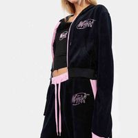 Wholesale Trendy Rhinestone Velour Tracksuit Zipper Jogger Cropped Hoodie Sets Woman Piece Pant Set